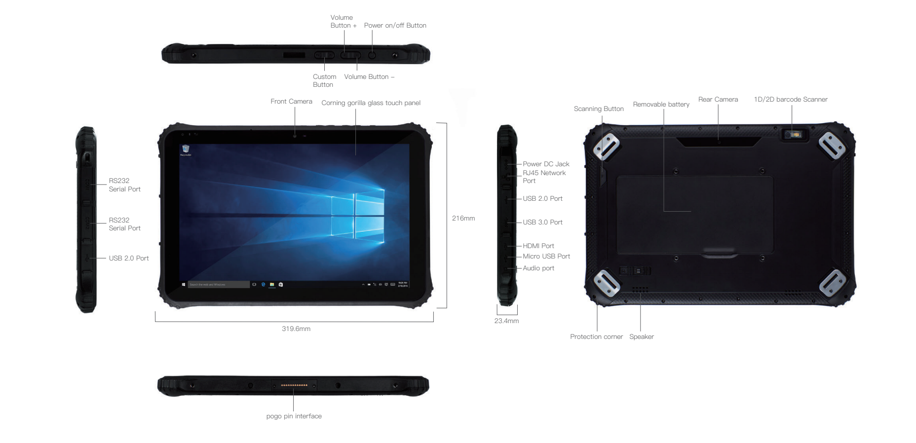 12.2 inch IP65 wateproof Windows rugged tablet with USB2.0/USB3.0/Type-c/DB Serial/NFC/GPS/1D/2D