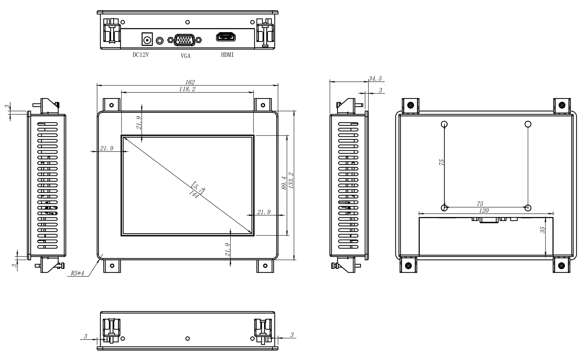 5.7 inch front IP65 1000nit sun direct readable monitor for outdoor kiosk