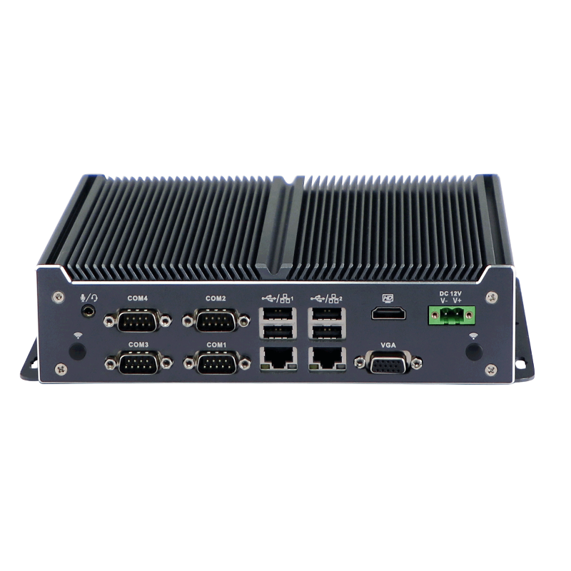 Dark grey embedded industrial computer with fanless design 6 COM 8 GPIO, 9-36V DC Optional