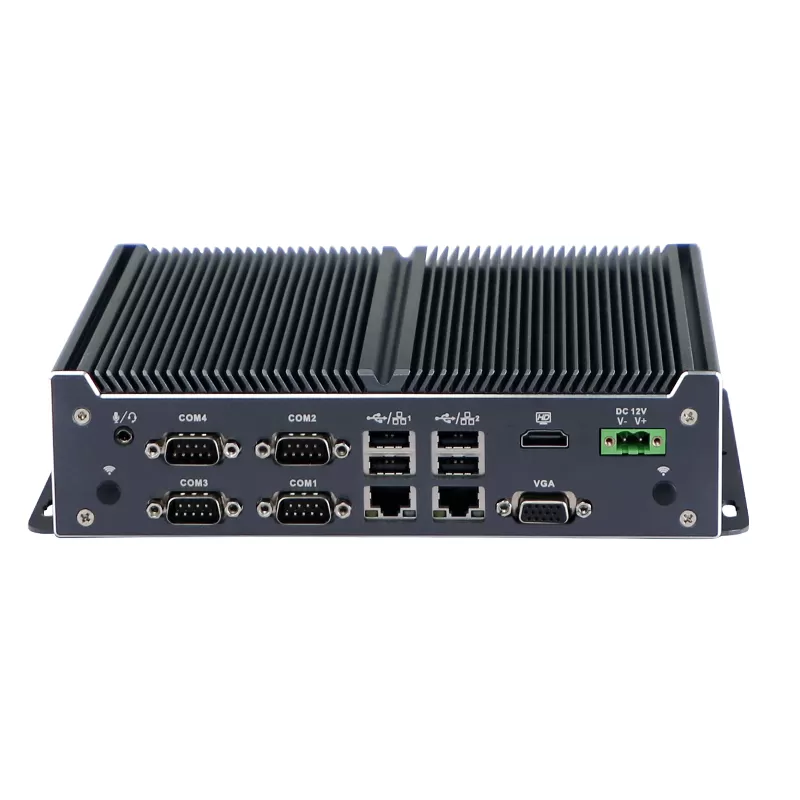 Dark grey embedded industrial computer with fanless design 6 COM 8 GPIO, 9-36V DC Optional