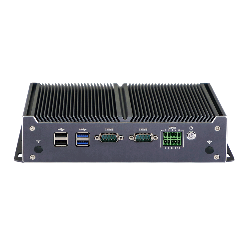 Dark grey embedded industrial computer with fanless design 6 COM 8 GPIO, 9-36V DC Optional