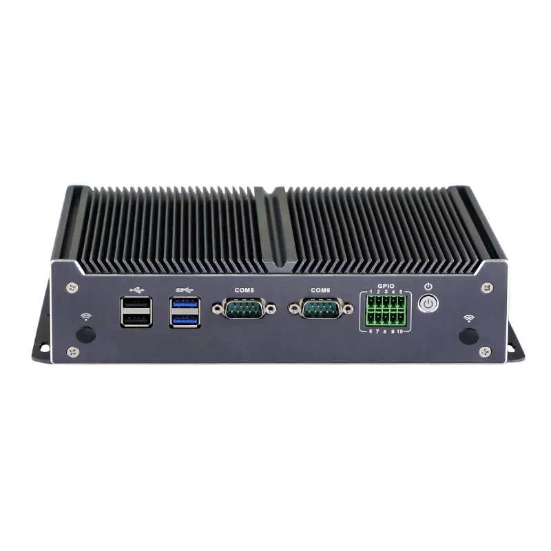 Dark grey embedded industrial computer with fanless design 6 COM 8 GPIO, 9-36V DC Optional