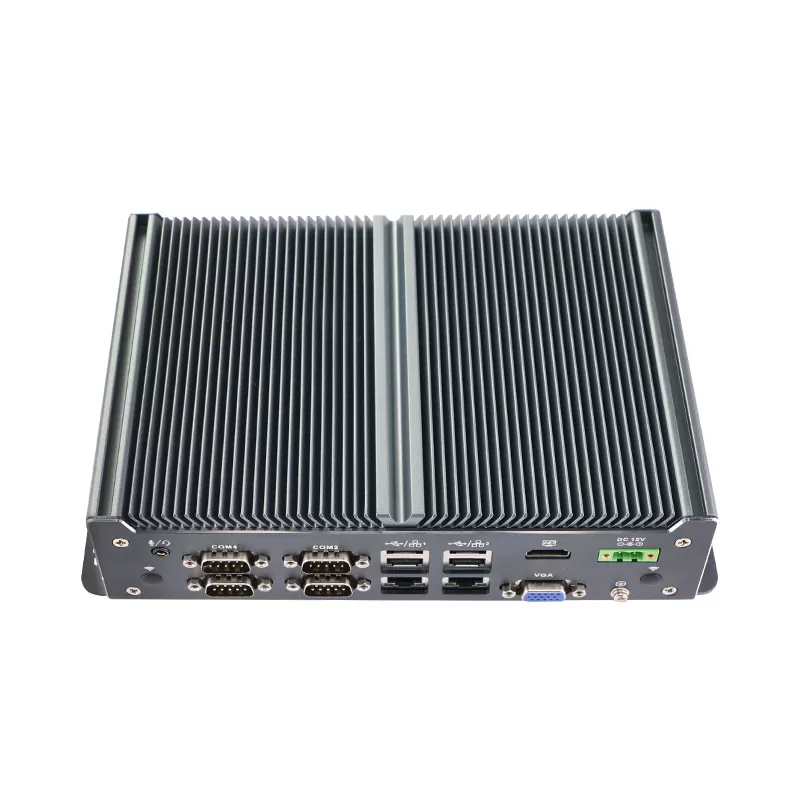 Dark grey embedded industrial computer with fanless design 6 COM 8 GPIO, 9-36V DC Optional