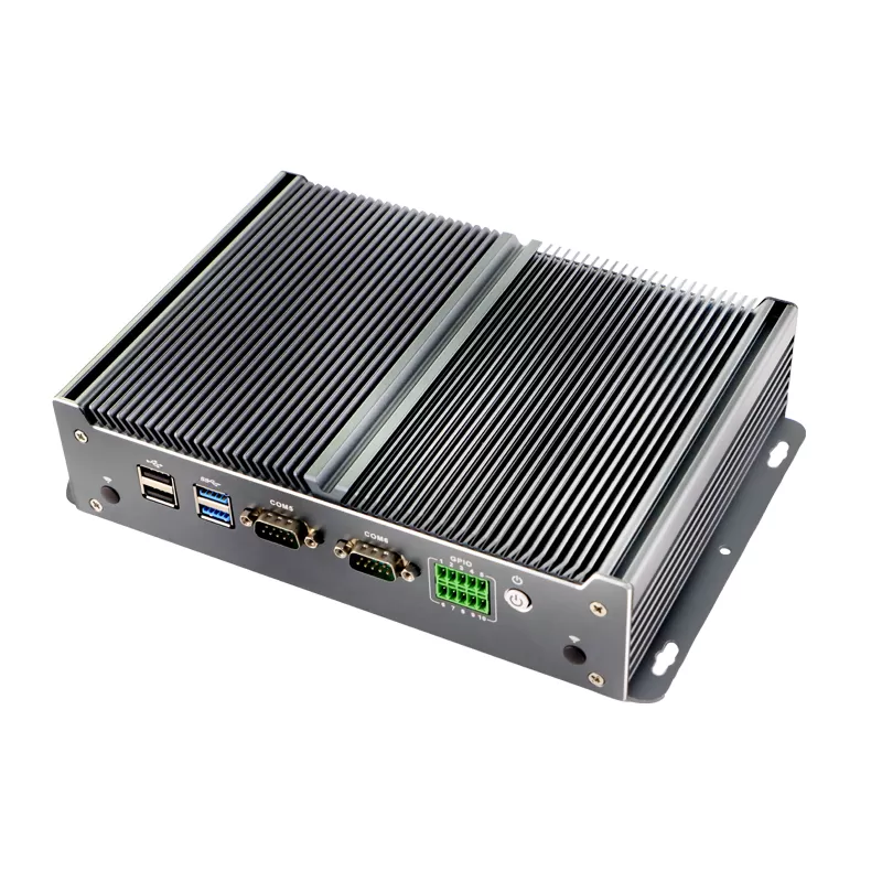 Dark grey embedded industrial computer with fanless design 6 COM 8 GPIO, 9-36V DC Optional